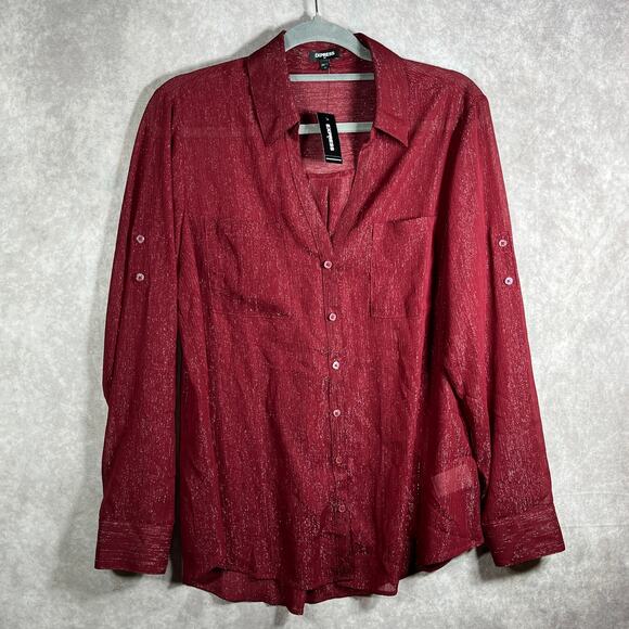 Express Blouse Womens Large Red Metallic Roll Tab Sleeve Button Up‎ Pockets NEW - Picture 1 of 10